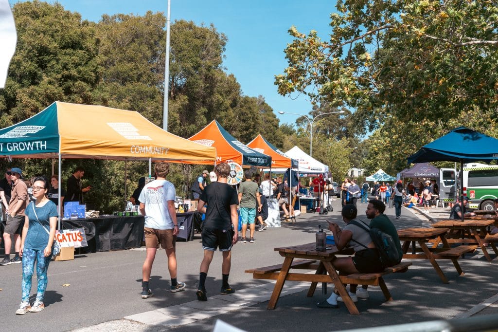 People walk among colorful vendor tents at an outdoor street fair, while others sit at picnic tables under blue skies and trees.