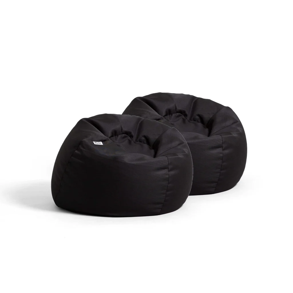 Two black bean bag chairs are placed side by side on a white background.