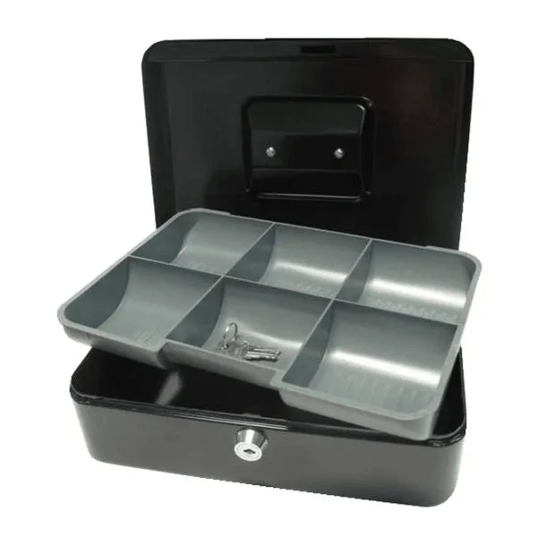 A black metal cash box with a gray plastic coin tray inside, containing two keys. The box is open and features a key lock on the front.