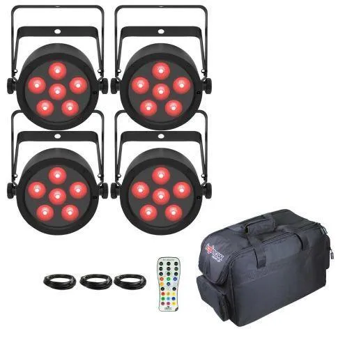 Set of four round LED stage lights with red illumination, three black cables, a remote control, and a black carrying bag displayed on a white background.