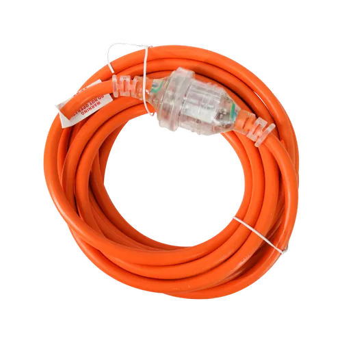 A coiled orange extension cord with a clear plastic connector and a white tag attached.