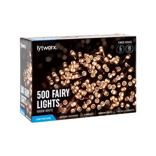 A box of Lytworx 500 warm white fairy lights, featuring 8 modes, timer options, low voltage, for indoor/outdoor use, and 24.9m total length.