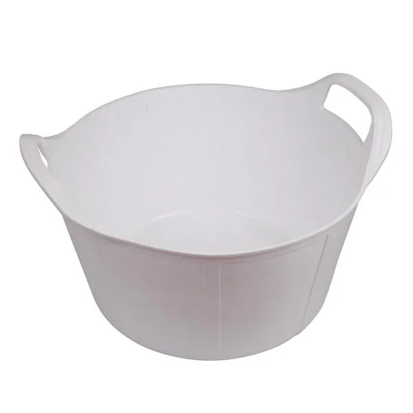A white plastic utility tub with two handles, viewed from above at an angle.