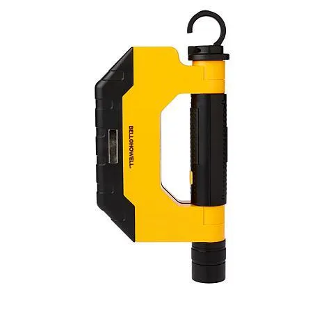 Yellow and black Bell+Howell emergency tool with a hook, flashlight, and window breaker, designed for use in vehicles.