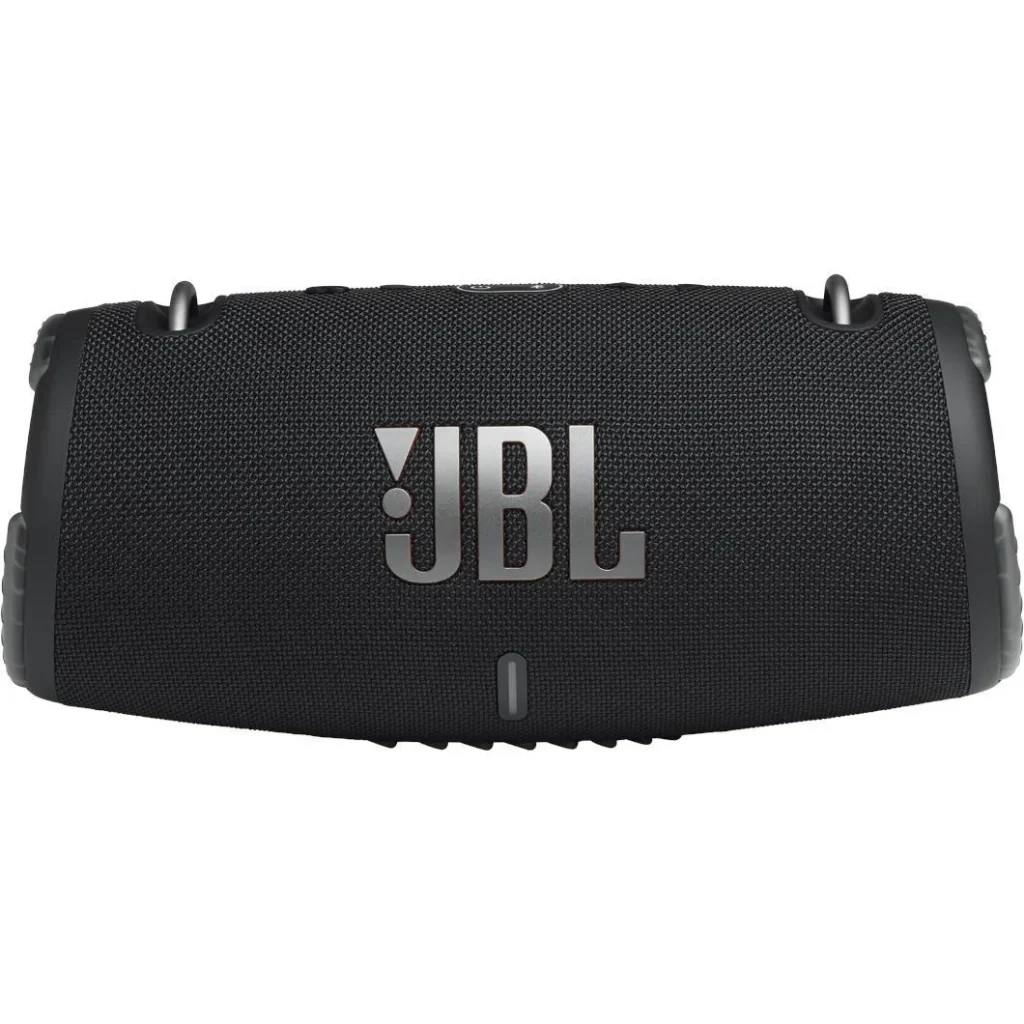 A black JBL portable Bluetooth speaker viewed from the front, featuring the prominent JBL logo on its mesh grille.