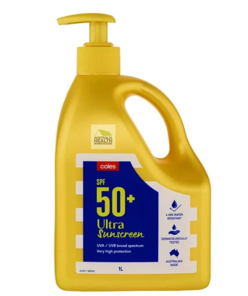 A 1-liter yellow pump bottle of Coles SPF 50+ Ultra Sunscreen, labeled as UVA/UVB broad spectrum, water resistant, dermatologically tested, and Australian made.