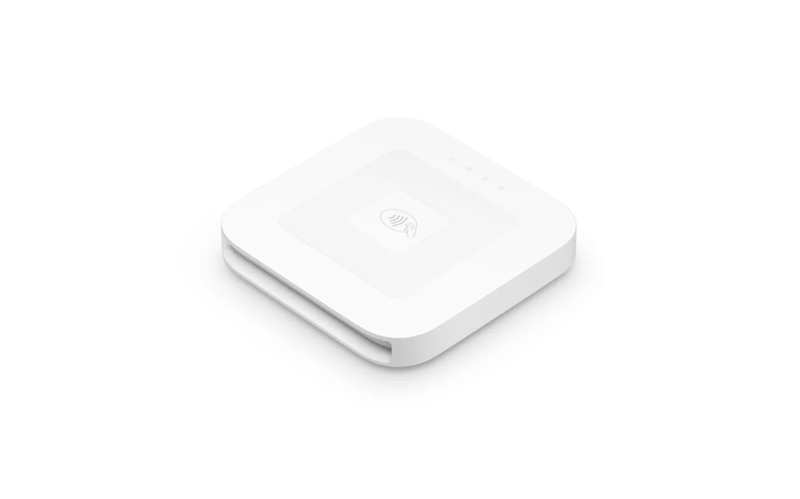 A white, square-shaped contactless card reader with a slot on one side, placed on a plain white background.