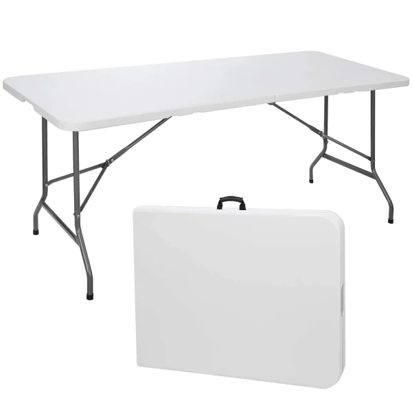 A foldable white rectangular table with metal legs is shown open, with a second view displaying it folded into a carry case with a handle.