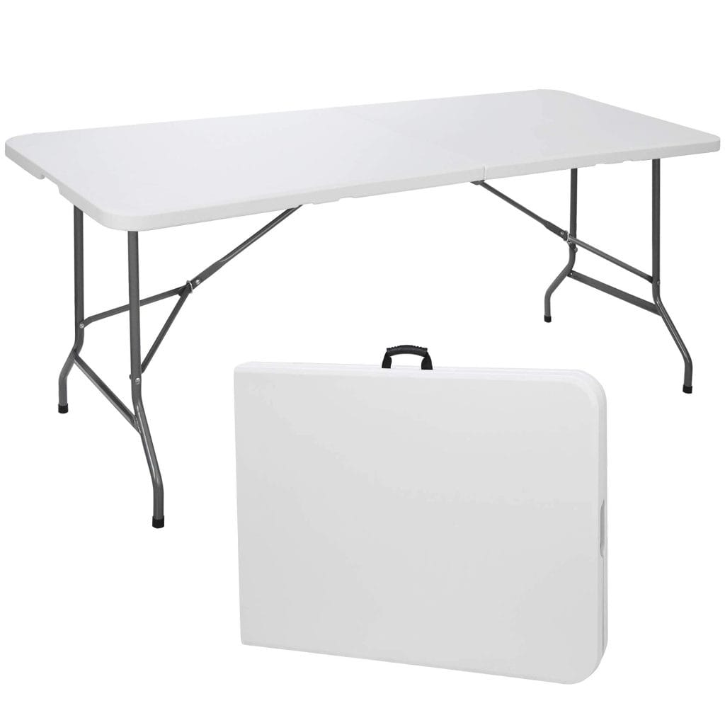 A white folding table with metal legs is shown set up, with a folded version of the table featuring a carrying handle displayed in front.