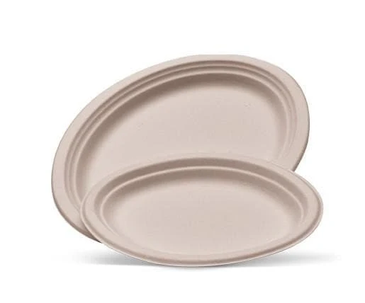 Two beige oval disposable plates, one larger and one smaller, are stacked together against a plain white background.