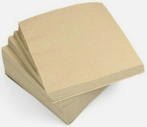 A stack of plain, brown, square paper napkins arranged in a slightly fanned-out manner on a white background.