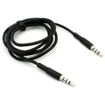 A black 3.5mm male-to-male auxiliary audio cable is coiled with both connectors visible.