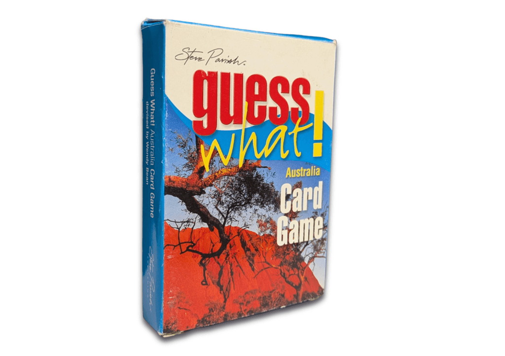 A box of the "Guess What! Australia Card Game" by Steve Parish, featuring an image of a tree and red rock landscape on the front.