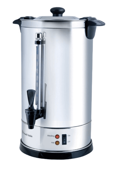A stainless steel electric urn with a water gauge, black handles, a spout, and indicator lights for heating and power.