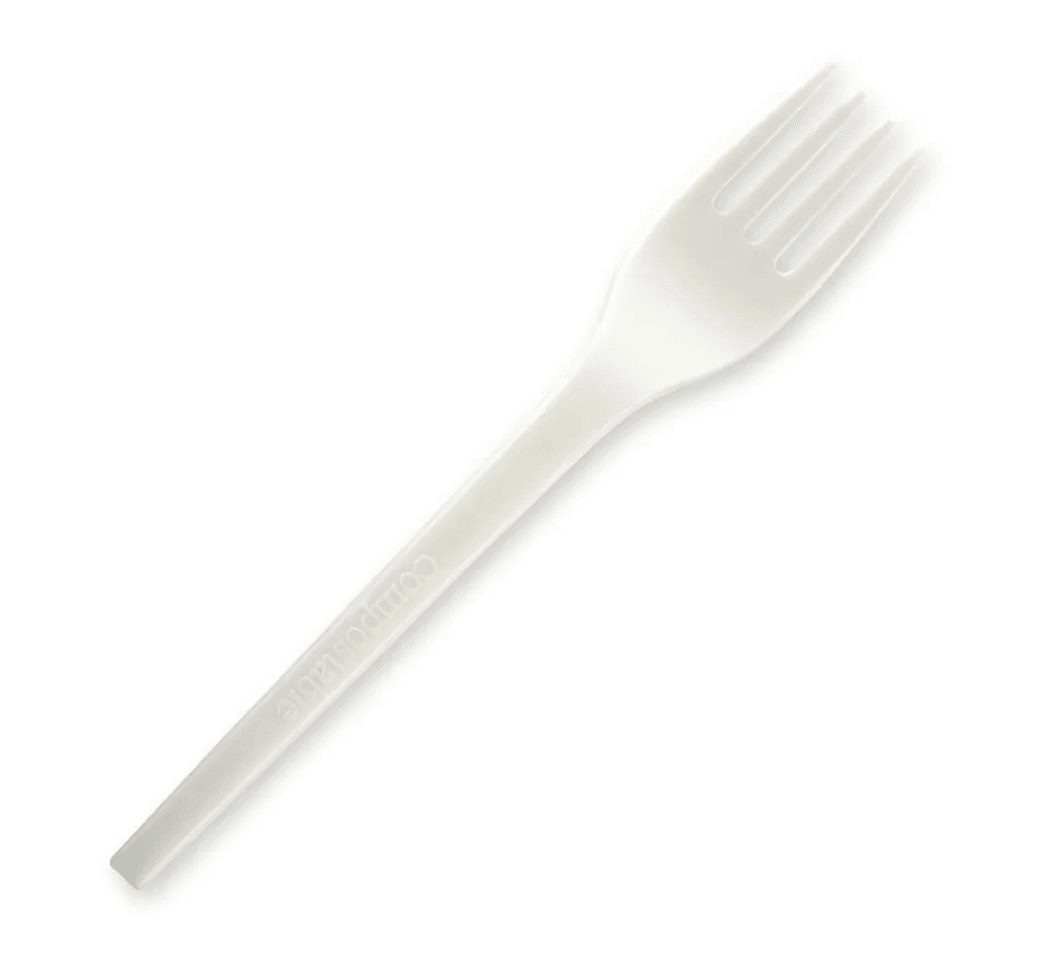 A white plastic fork with four tines is shown on a plain white background.