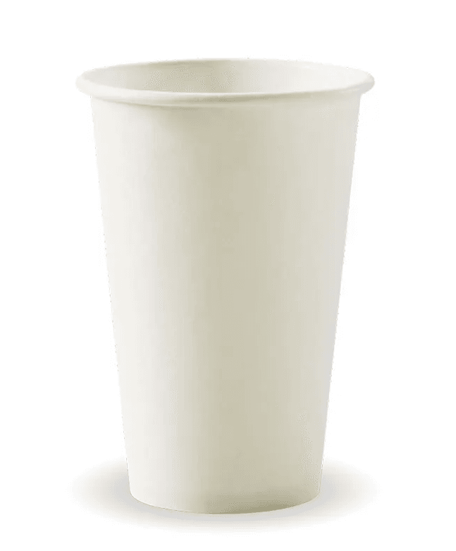 A plain, white paper cup standing upright on a white background.