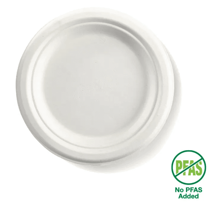 A plain white disposable paper plate with a "No PFAS Added" symbol in the bottom right corner.