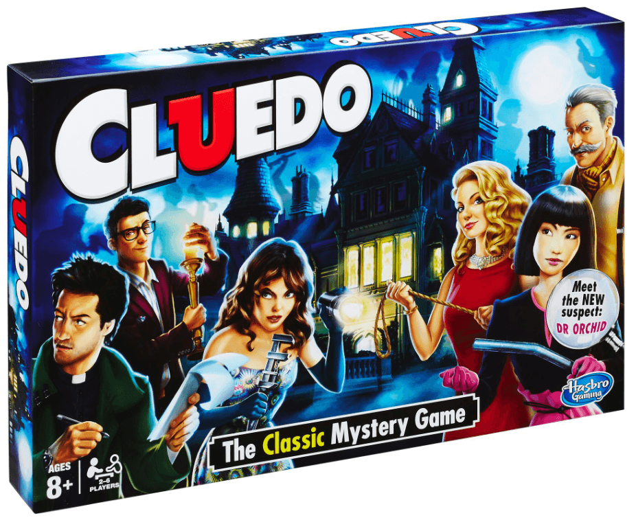 Box of the board game Cluedo featuring illustrated characters holding various objects in front of a mansion, with the tagline "The Classic Mystery Game" and highlighting new suspect Dr Orchid.