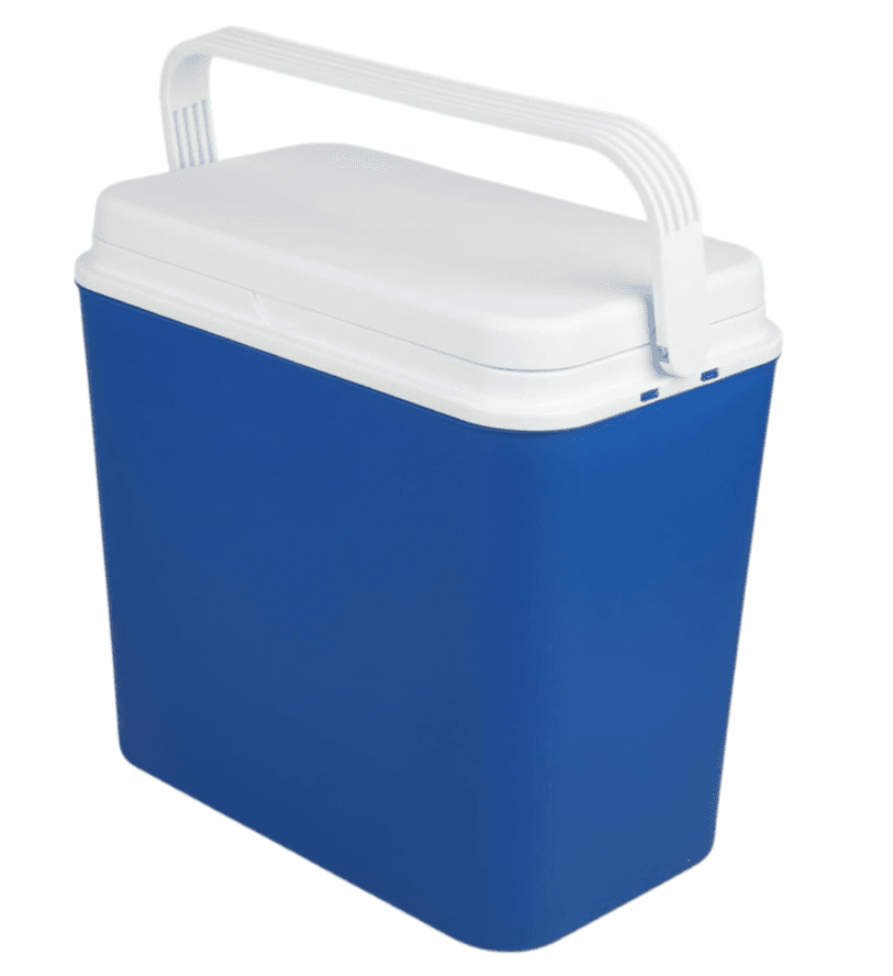 A blue and white portable cooler box with a closed lid and an upright carrying handle, shown on a plain white background.