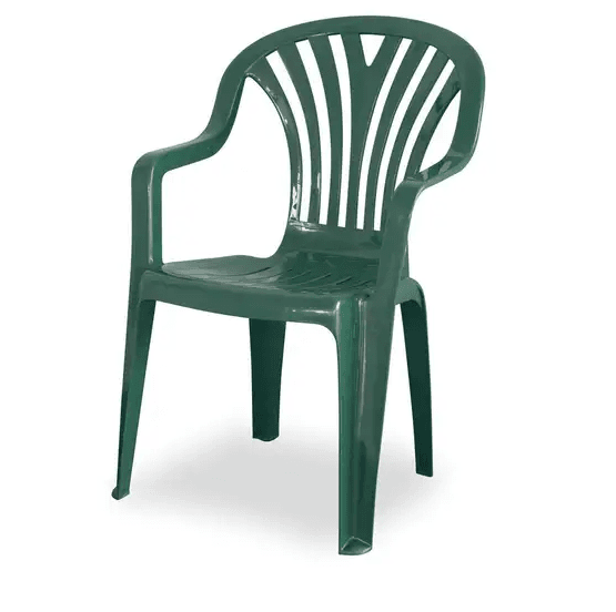 A green plastic chair with armrests and a slatted backrest, positioned on a white background.