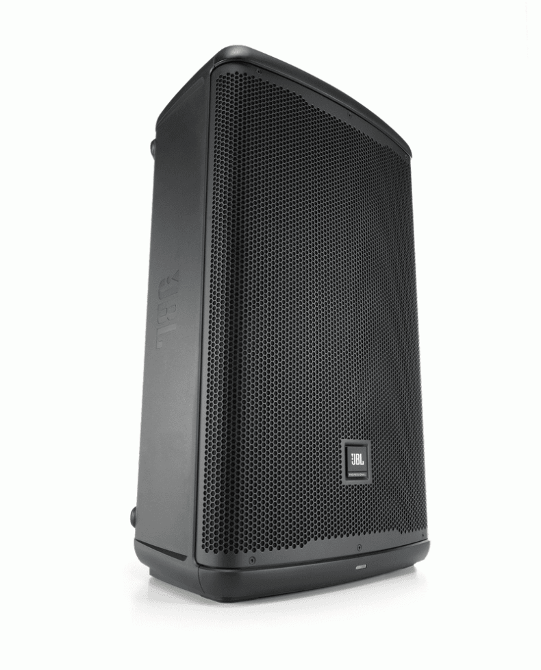 A black JBL portable speaker with a perforated front grille and a rectangular shape, photographed against a white background.