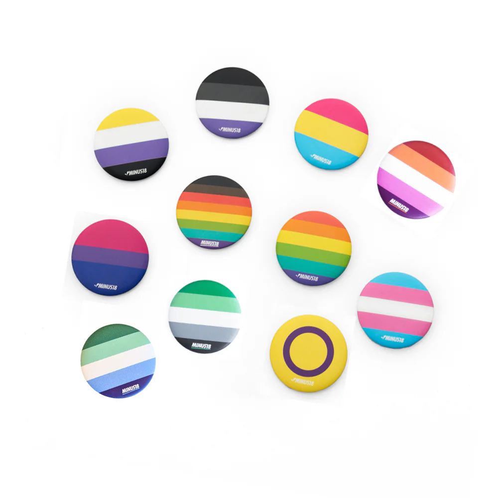 Twelve round badges with various LGBTQ+ pride flag designs are arranged on a white background.