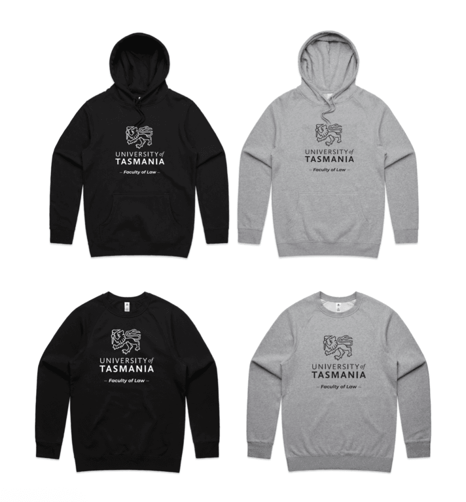 Four University of Tasmania "Faculty of Law" hoodies and sweatshirts in black and grey, displayed side by side on a white background.