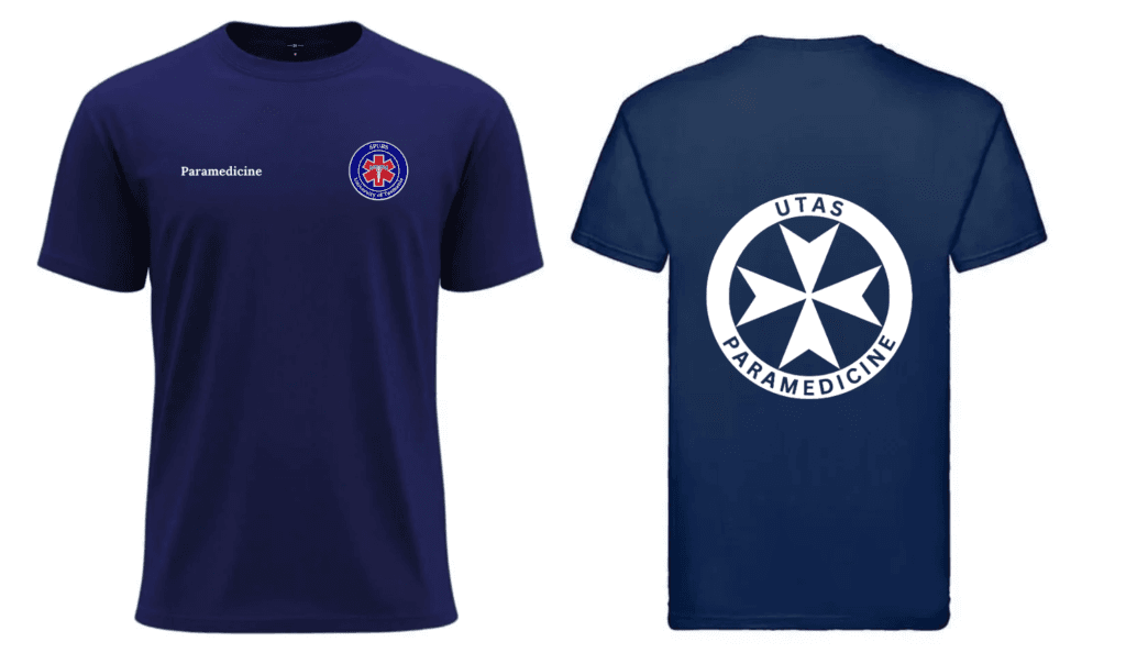 Navy blue T-shirt with "Paramedicine" text and a medical emblem on the front; back features a large star emblem with "UTAS Paramedicine" text.