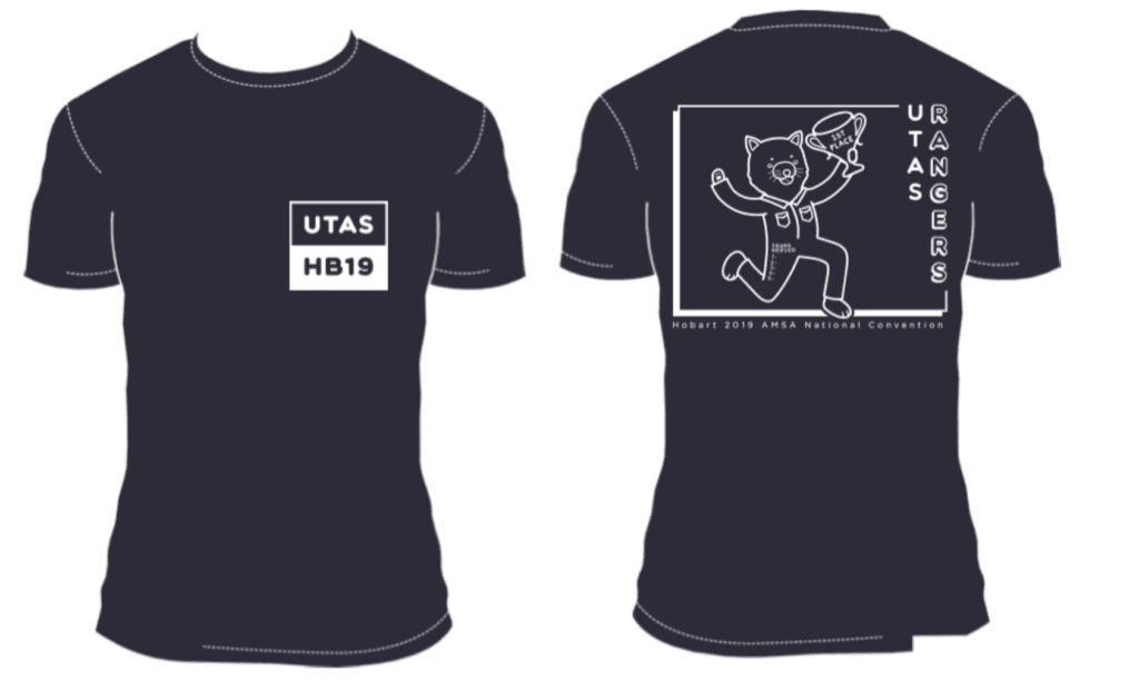 Black T-shirt with "UTAS HB19" on the front. The back has a cartoon kangaroo, a hat, and text reading "UTAS RANGERS Hobart 2019 AMSA National Convention.
