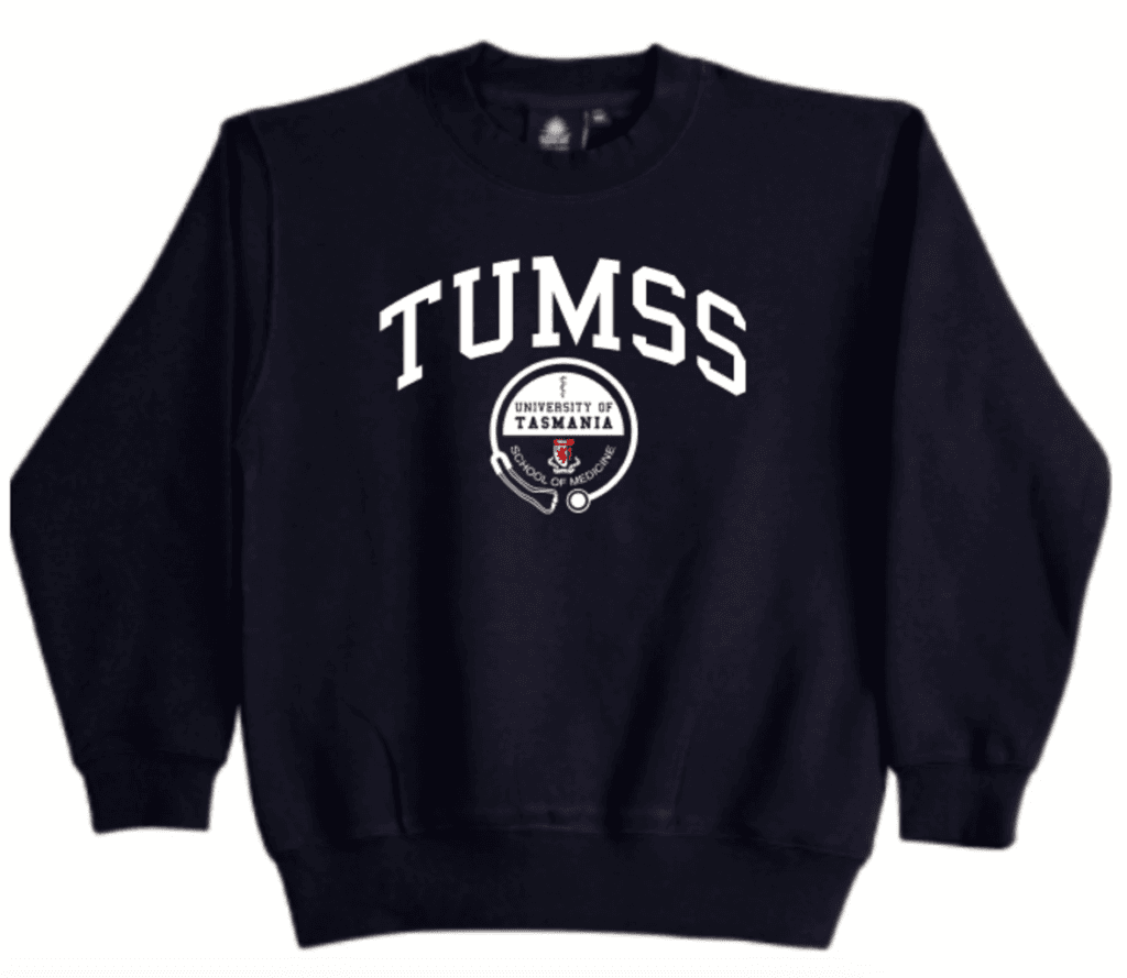 Black sweatshirt with "TUMSS" in large white letters and the University of Tasmania medicine logo printed in the centre.