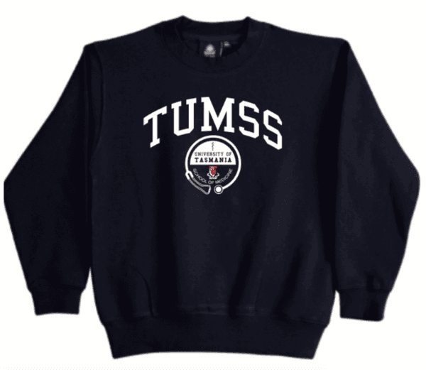 Black sweatshirt with "TUMSS" in large white letters and the University of Tasmania medicine logo printed in the centre.