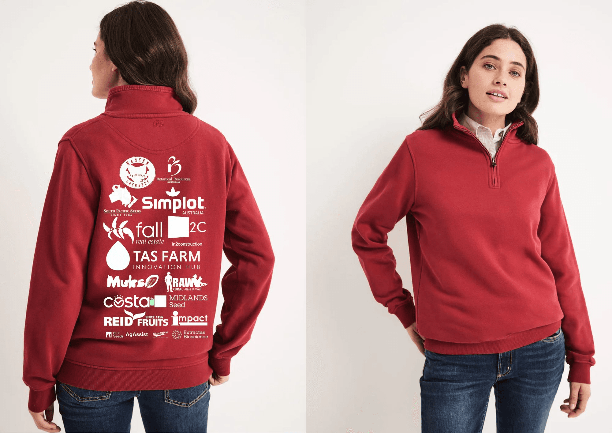 A woman wearing a red quarter-zip jumper; the back displays various white company logos, and the front is plain.