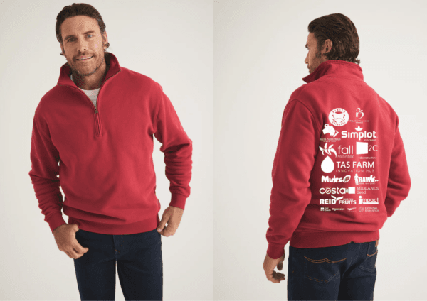 Man wearing a red quarter-zip sweatshirt; front view shows plain design, back view displays multiple white business logos and text.