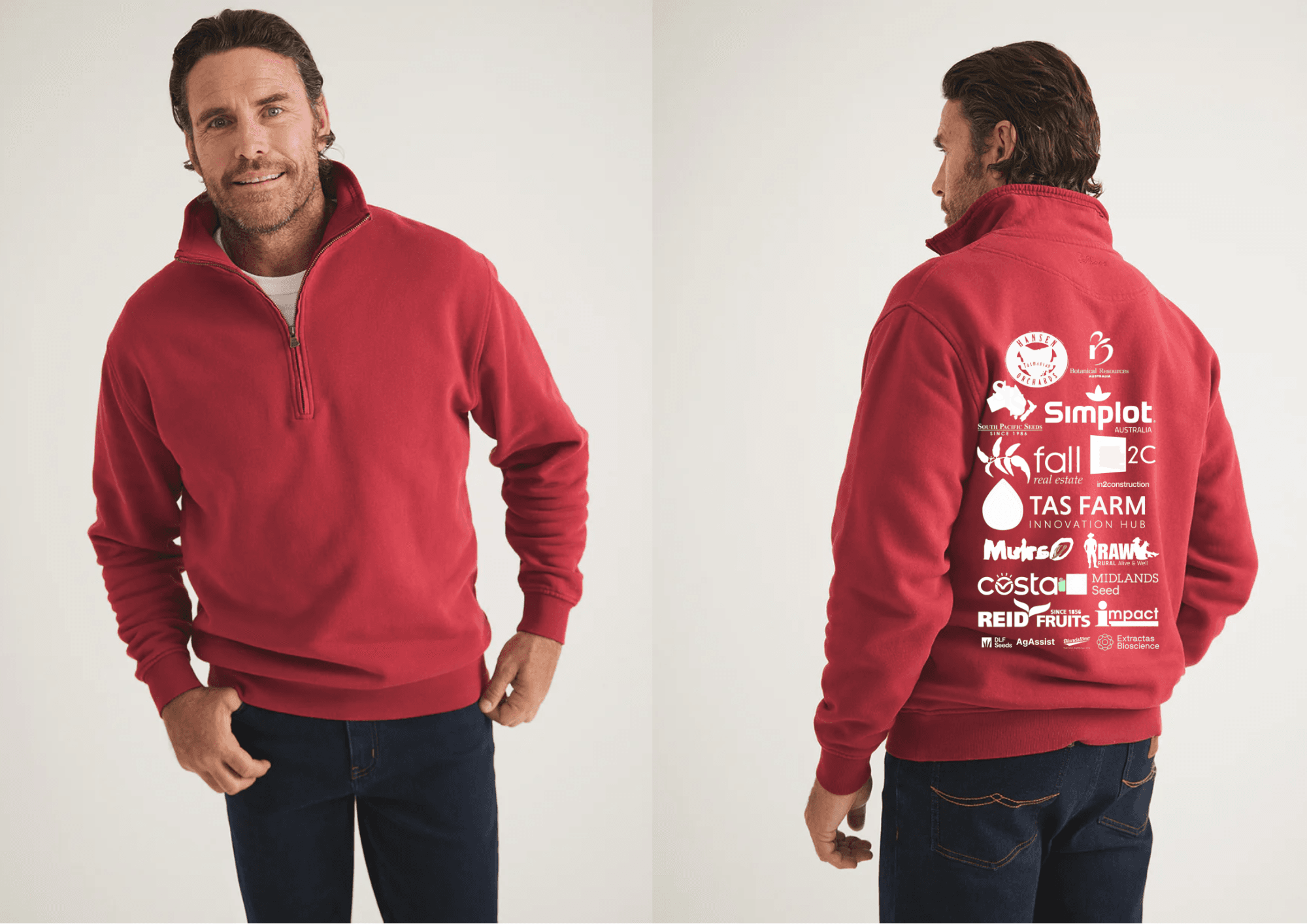 Man wearing a red quarter-zip sweatshirt; front view shows plain design, back view displays multiple white business logos and text.