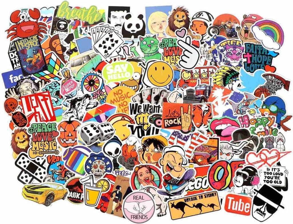 A large assortment of colourful stickers, including faces, animals, cars, symbols, text phrases, and resistance stickers—all overlapping for a bold display.