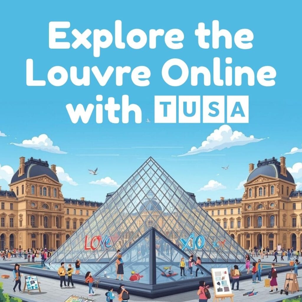 Illustration of the Louvre Museum with its glass pyramid entrance, people walking about, and text promoting online exploration with TUSA.
