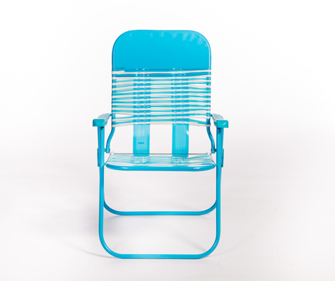A blue metal garden chair with plastic webbing, viewed from the front against a plain white background.