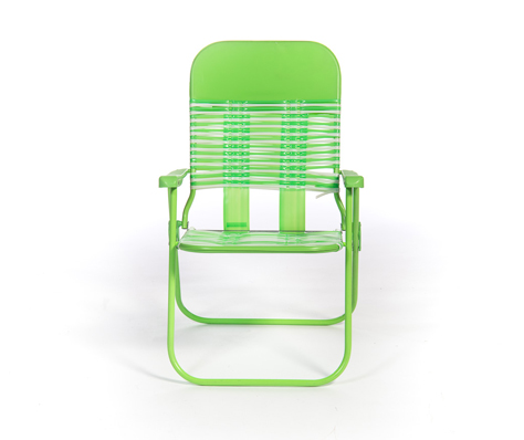 A green metal and plastic garden chair with armrests, shown from the front against a white background.