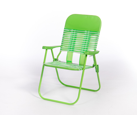 A green folding garden chair with metal frame and plastic webbing, pictured against a plain white background.