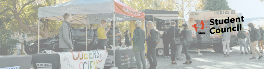Students gather under marquees and near food vans at an outdoor campus event; “Student Council” text and logo appear on the right.